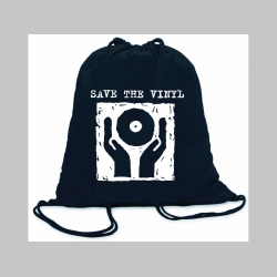 Save The Vinyl ľahké sťahovacie vrecko ( batôžtek / vak ) s čiernou šnúrkou, 100% bavlna 100 g/m2, rozmery cca. 37 x 41 cm